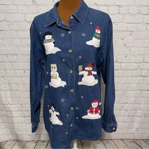 Winter Snowmen Long Sleeve Button Front Denim Shirt Size XL
